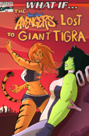 breasts drawing giantess tail city mega color long_hair destruction claws rampage angry yellow_eyes gloves green_hair red_hair muscles fur shorts fighting giantesses comic_cover cat_girl avengers hollywood costume sunset top stripes tigra orange_hair sports_bra twilight hollywood_sign green_skin orange_skin she-hulk bare_legs marvel_comics bare_midriff caiman2 west_coast_avengers what_if