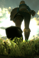 size_difference blonde long_hair clothed looming walking unaware shrunken_man grass pants outdoors digital_render the_legend_of_zelda the_legend_of_zelda_breath_of_the_wild link_(the_legend_of_zelda) princess_zelda_(the_legend_of_zelda) shrunkengts master_sword