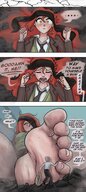drawing giantess feet comic color long_hair barefoot yellow_eyes socks red_hair lying_down worship artclonov