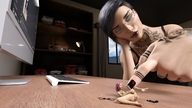 nude futanari cum penis glasses pink_hair shrunken_woman goth piercing desk tattoo black_nails looking_at_tiny digital_render lillithtatiana black_hari