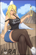 drawing giantess blushing wings blonde color large_breasts cleavage purple_eyes sitting looking_at_viewer halo jora-bora