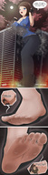 drawing growth giantess blushing city comic color large_breasts destruction blue_eyes clothed cleavage brunette in_shoe jill_valentine pants resident_evil dialogue thedaibijin