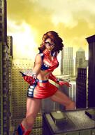breasts drawing city mega color cleavage skirt buildings brunette superhero brown_eyes gloves mask hand_crush vehicles costume top vehicle_crush attack_of_the_50_foot_woman nancy_archer bare_legs bare_midriff cric bigdavex1