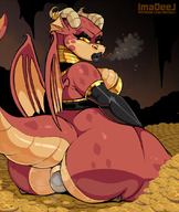drawing furry dragoness horns wings anthro dragon color large_breasts butt armor angry knight bbw shrunken_woman ass_worship asshole reptile cave smoke facesitting jewelry looking_back semi_nude under_butt makeup scalie thick_thighs gold sitting_on_tiny imadeej