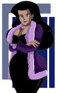 breasts drawing giantess black_hair color large_breasts long_hair blue_eyes cleavage dress shrunken_man looking_down jacket costume wonder_woman earrings atom bracelet justice_league no_background looking_at_tiny dc_comics between_breasts sonson_sensei