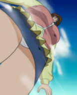 drawing giantess panties upskirt color blue_eyes brunette low_angle airplane clouds sky white_panties point_of_view feyzer yu-gi-oh! tea_gardner enormaiden