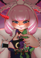 drawing giantess pokemon color blue_eyes clothed handheld brunette smiling pink_hair hand looking_down hand_crush looking_at_tiny smirking dynamax pokemon_sword_and_shield gloria_(pokemon) klara nakamuu hooooo666