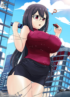 drawing giantess city color large_breasts long_hair destruction clothed handheld skirt glasses red_eyes brunette bus vehicles power_lines hank88
