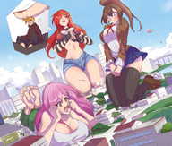 drawing giantess vore city color large_breasts destruction clothed cleavage skirt breast_crush brunette pink_hair red_hair lying_down uniform shorts sarah giantesses pants angelgts claire flag_bra nightingale122 mass_vore kaitlyn leon_takayashi