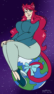 breasts drawing giantess earth giga tail space color long_hair clothed planet red_hair sitting cat_girl cosmic_giantess sitting_on_planet goattrain ari