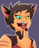 drawing vore color tongue cat_ears short_hair shrunken_woman cat_girl freckles imminent_vore no_background heterochromia she_ra catra adora felz