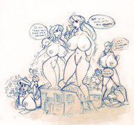 breasts drawing growth giantess nude monochrome anime outgrowing_building multiple_sizes story wizdomtooth giantesses dialogue