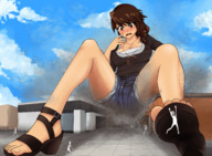 drawing growth giantess blushing color destruction clothed buildings brunette brown_eyes shorts looking_down gtsleuth tori