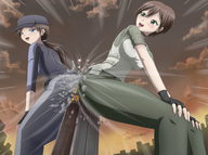 drawing giantess city mega color butt destruction blue_eyes buildings butt_crush green_eyes brunette police ponytail police_uniform skyscraper giantesses jill_valentine pants resident_evil thedaibijin police_officer rebecca_chambers