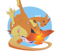 drawing giantess insertion nude tail wings color large_breasts lying_down fire airplane looking_down charizard orange_skin seamen