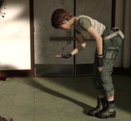 clothed handheld brunette military gloves short_hair bending_over shrunken_man indoors resident_evil choker looking_at_tiny digital_render rebecca_chambers piedzilla