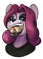drawing vore furry anthro blonde color long_hair tongue blue_eyes fox mouse pink_hair black_eyes kitsune open_mouth food inside_mouth freckles imminent_vore burrito t-bone no_background on_food robomax worried lira lirakitsune mewmus lira13
