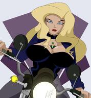 drawing giantess blonde color large_breasts long_hair blue_eyes collar fishnets shrunken_man mask corset jacket costume motorcycle justice_league no_background looking_at_tiny dc_comics black_canary between_breasts sonson_sensei green_arrow justice_league_unlimited