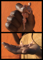 clothed handheld shrunken_men dark_skin between_fingers panels in_palm digital_render vorifax