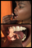 vore handheld brunette brown_eyes shrunken_man open_mouth dark_skin between_fingers panels bangs imminent_vore looking_at_tiny digital_render vorifax