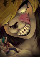 drawing vore furry blushing anthro dog color clothed handheld smiling canine lion lioness shrunken_man piercing licking_lips bangs imminent_vore sharp_teeth implied_vore looking_at_tiny multicolored_hair angelickiddy kiddy