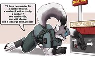 drawing giantess feet furry wolf tail anthro color butt armor clothed text toes barefoot buildings green_eyes military smiling paws gloves bending_over humor all_fours dialogue wolfess meme no_background looking_at_tiny fast_food gasmaskfox
