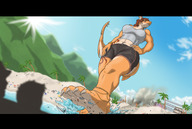 drawing giantess feet furry anthro color long_hair destruction clothed beach toes buildings soles brunette low_angle smiling paws foot_crush hand muscles shorts walking piercing outdoors toe_ring ankle_bracelet trees looking_away stuck_to_foot sharp_teeth scalie shark_girl bare_midriff holmen