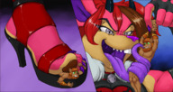 drawing feet vore furry horns anthro color tongue giant male licking handheld toes high_heels demon sequence smiling scared in_shoe paws bondage shrunken_man open_mouth dangle under_foot grey_eyes nail_polish panels imminent_vore struggling looking_at_tiny multicolored_hair femboy open_toe redfeathers prettypinkpeppers vyta behmocian