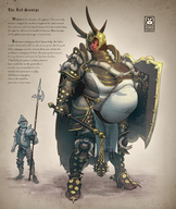 drawing horns color large_breasts armor clothed fantasy high_heels anime demon brunette knight story mini_giantess bbw weapon demoness size_comparison bangs shield red_skin no_background looking_at_tiny bigbig