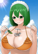 drawing gentle giantess blushing color cleavage bra green_eyes huge_breasts green_hair on_breasts オレンジ orenji