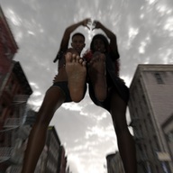 giantess feet upskirt black_hair long_hair clothed toes barefoot buildings soles low_angle short_hair foot_crush shorts looking_down giantesses dark_skin outdoors curly_hair point_of_view looking_at_viewer raised_foot blurry imminent_crush digital_render bare_legs bare_midriff loca-lyn