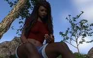 long_hair handheld brunette low_angle smiling sitting shorts shrunken_man dark_skin outdoors curly_hair looking_at_tiny digital_render bare_legs bare_midriff theotterpony