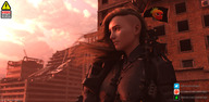 giantess city blonde long_hair armor buildings military outdoors ruins flag guns weapons looking_away on_shoulder digital_render beret unseenharbinger