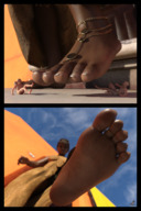 feet clothed toes barefoot soles brunette low_angle dress shrunken_men foot_crush looking_down dark_skin outdoors jewelry toe_ring ankle_bracelet point_of_view looking_at_viewer panels bangs imminent_crush digital_render vorifax