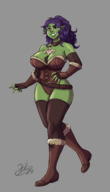 drawing color large_breasts long_hair clothed cleavage purple_hair smiling gloves walking shrunken_man orc monster_girl thigh_highs leotard thumb no_background green_skin looking_at_tiny tusks orc_girl between_breasts thatweirdguyjosh