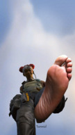 collage feet clothed toes barefoot soles low_angle smiling red_hair looming looking_down dark_skin point_of_view looking_at_viewer raised_foot imminent_crush digital_render hair_buns apex_legends lifeline tuenniel
