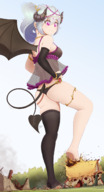 breasts drawing giantess white_hair crush panties horns tail wings color butt destruction barefoot buildings stockings foot_crush pink_eyes demoness walking looking_down thighs outdoors sideboob bare_legs ncmares yohomeboync yohomeboyraps