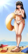bikini drawing giantess feet blushing black_hair color beach barefoot red_eyes unaware looking_down under_foot blue_nails kuroihassan