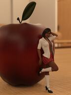 skirt high_heels socks apple uniform shrunken_woman dark_skin no_bra open_blouse digital_render tinythea tgtrinity