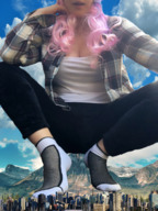 giantess collage giga city cleavage socks pink_hair sitting mountains masterofmacro