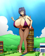 bikini drawing giantess blushing color barefoot cleavage buildings blue_hair huge_breasts purple_eyes looking_down ydbunny