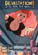 breasts drawing giantess mega color large_breasts long_hair destruction rampage cleavage green_eyes angry red_hair bending_over parody poster mall freckles top ripped_clothing looking_in attack_of_the_50_foot_woman looking_at_tiny mary_jane spider-man marvel_comics bare_midriff caiman2 looking_at_tinies earth_20052 lifting_roof
