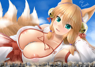 drawing giantess collage giga city blonde color destruction green_eyes huge_breasts breast_crush lying_down fox_girl looking_at_viewer aonagi pointed_ears cysh_aizen between_breasts