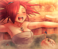 drawing gentle pokemon blushing color cleavage blue_hair brunette green_hair red_hair lying_down sitting shrunken_people towel sauna steam flannery on_knee thunderafterdark between_breasts