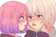drawing vore blushing blonde color brunette pink_hair pink_eyes shrunken_woman no_background kuroihassan