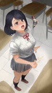 drawing vore blushing black_hair color skirt brown_eyes scared red_hair shrunken_woman open_mouth looking_at_tiny throw kuroihassan