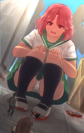 drawing panties upskirt color skirt red_eyes blood pink_hair kneeling foot_crush shrunken_people looking_down under_foot looking_at_tiny kuroihassan