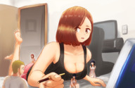 drawing gentle color barefoot cleavage brunette brown_eyes lying_down shrunken_people kuroihassan