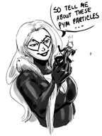 breasts drawing monochrome large_breasts handheld cleavage shrunken_man mask catsuit ant-man dialogue no_background thief pinched black_cat marvel_comics felicia_hardy scott_lang bimbosparkle