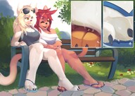 drawing feet furry cat anthro blonde color long_hair clothed toes barefoot sweat smiling paws park red_hair sitting sandals shrunken_people hugging between_toes outdoors under_foot between_feet orange_eyes bare_legs cutaway kerneldecoy